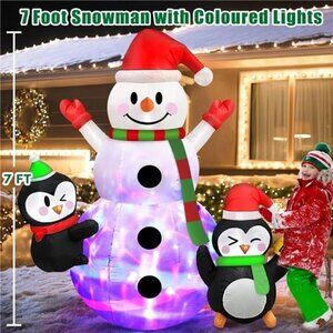 7 FT Christmas Inflatable Snowman Penguins Built-in Rotating Colorful LED Lights